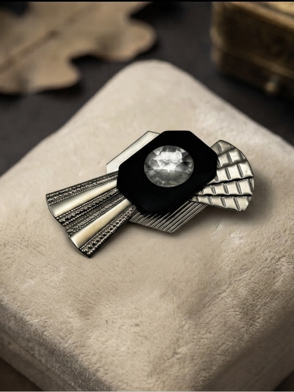 Retro Art Deco Silver Geometric Statement Brooch with Faceted Crystal Center